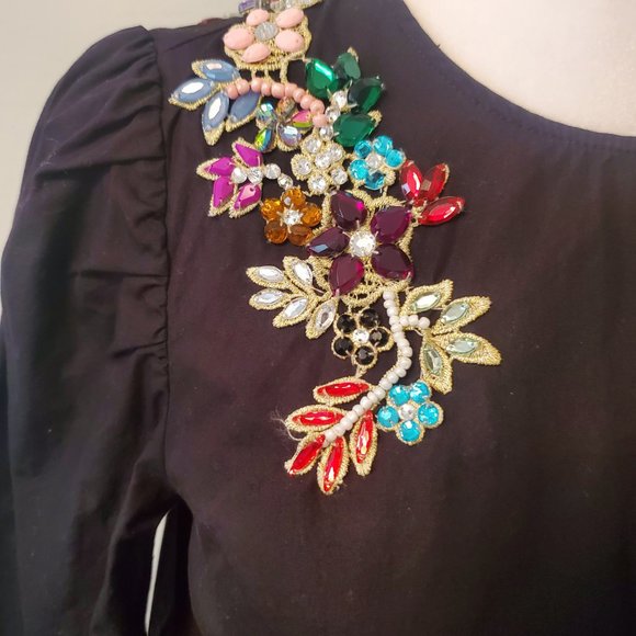 Gorgeous Colourful Bejewelled Applique Modest Blouse Black Long Puff Sleeve 8 - Picture 3 of 9